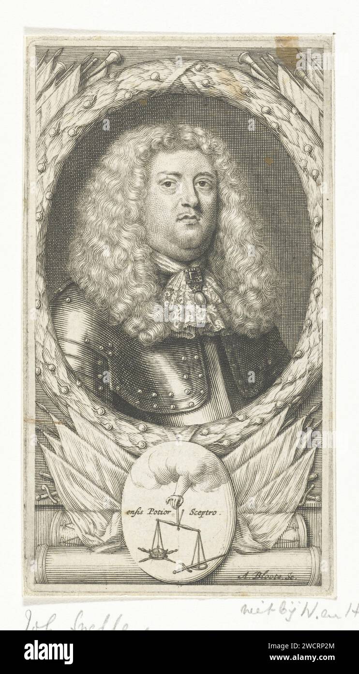 Portrait of an unknown man in Harness, Abraham Blotling, After Anonymous, 1655 - 1690 print Portrait of an unknown man in armor, a large wig hanging to the shoulders on the head and a lace tie. In an oval of laurels, underneath flags and could, in the middle, a scales kept through a hand that is held out of the clouds. There is a sword in the right scale, in the left crown and scepter. Netherlands (possibly) paper engraving Stock Photo