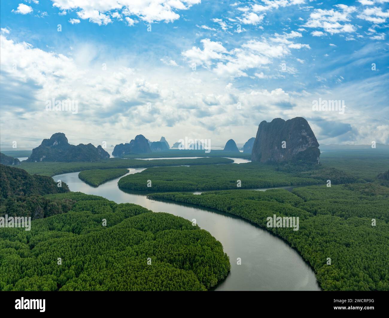View from above, stunning aerial view of Ao Phang Nga (Phang Nga Bay) National Park featuring a multitude of limestone formations. Stock Photo