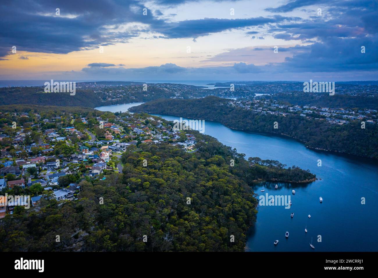 Panoramic drone aerial view over suburbs of Northern Beaches Sydney NSW Australia Stock Photo