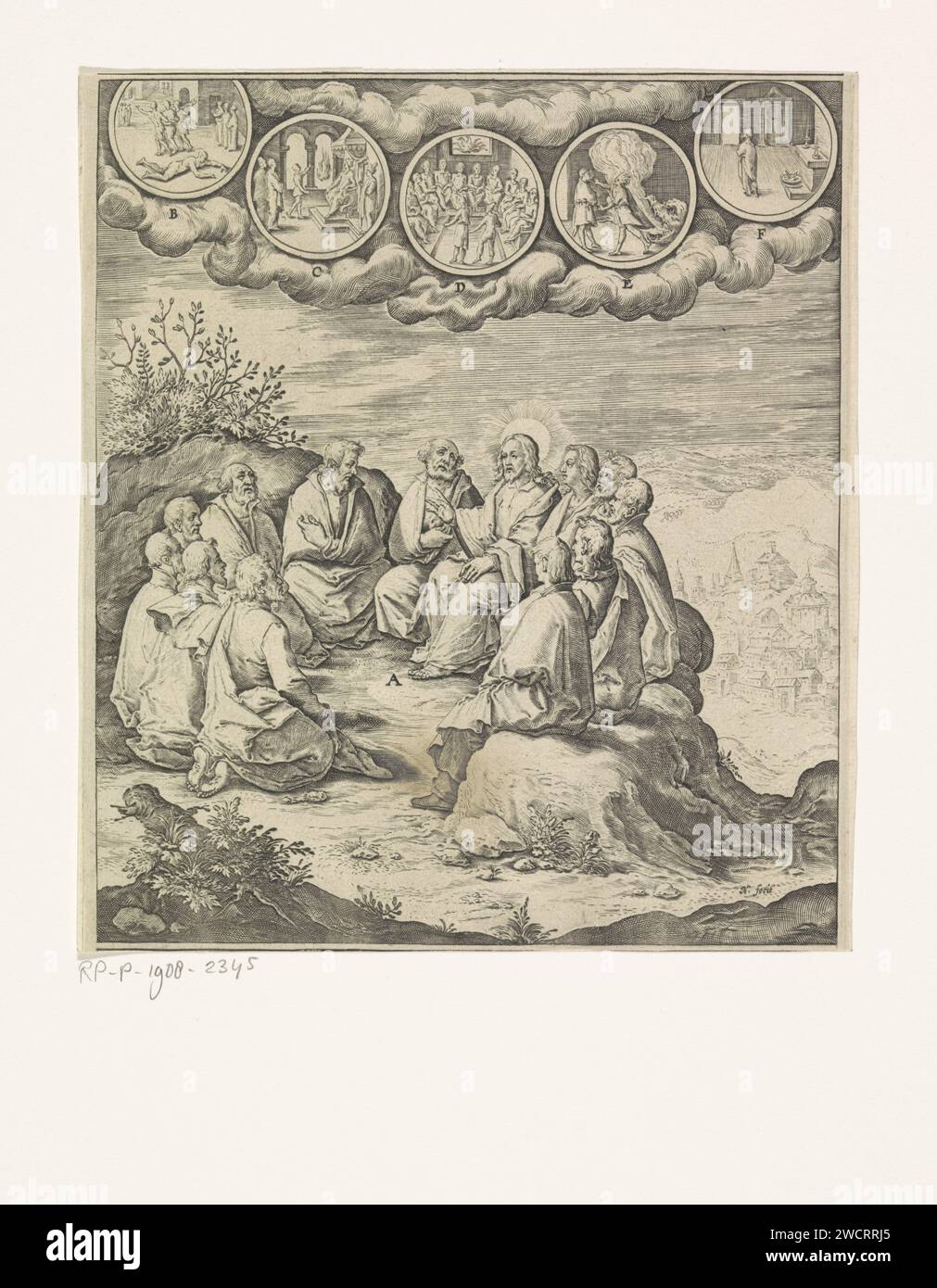 Christ Teaching his disciples on the Berg Tabor, monogrammist N (engraver), 1593 print Christ teaches his students on Mount Tabor. In the circular performances at the top of the various topics of education. Image for the meditation that belongs to the fifth and sixth Sunday after Pentecost.  paper engraving Christ as teacher (part I): explaining his doctrine; teaching ~ parables and proverbs Stock Photo