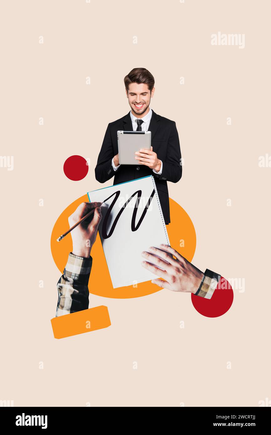 Vertical collage creative poster caricature hand write literature happy excited young man read work unusual empty beige background Stock Photo