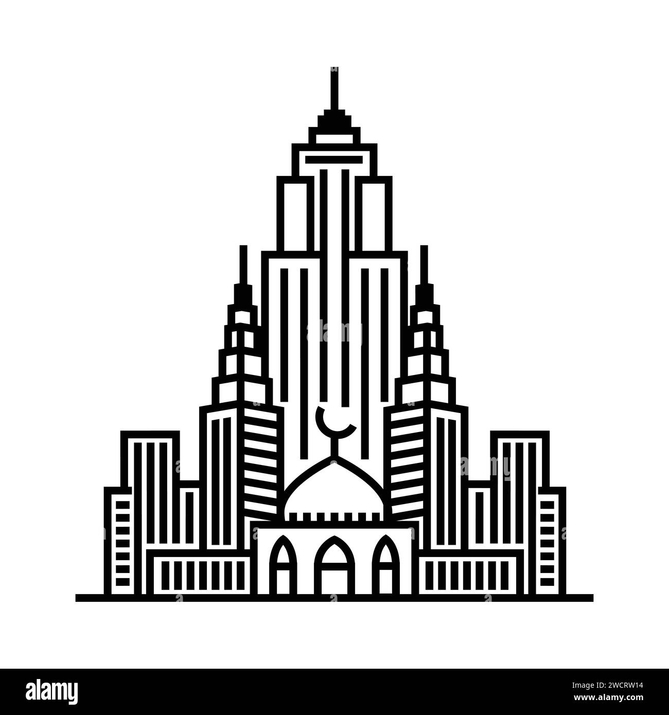 Mosque and city skyline black silhouette isolated on white background. Vector illustration Stock Vector