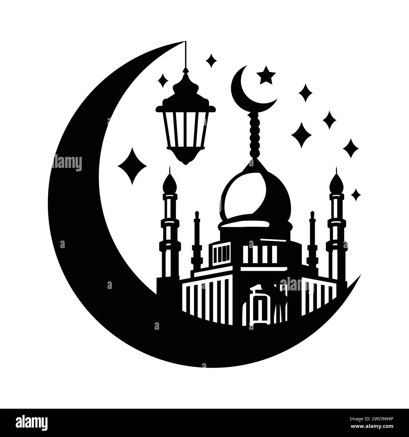 Mosque and crescent moon, hand drawn vector illustration design, isolated on crescent moon and lantern design. Stock Vector