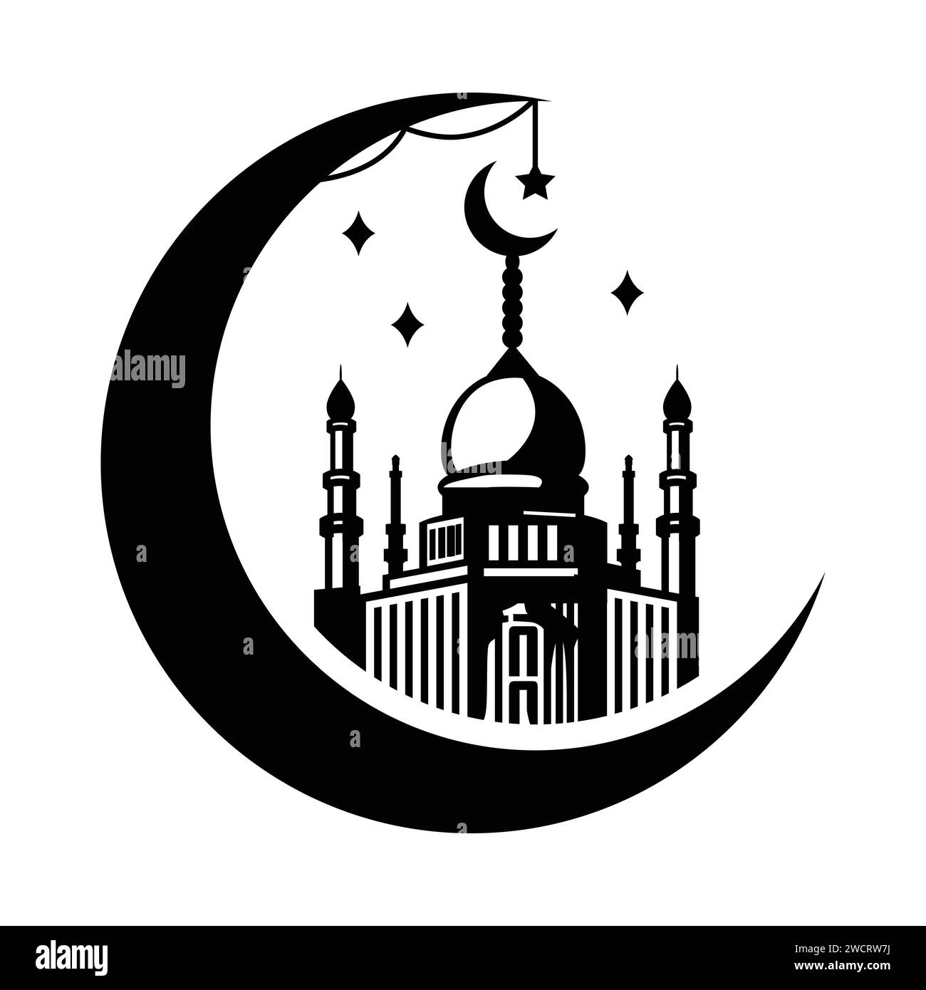 Mosque and crescent moon, hand drawn vector illustration design, isolated on crescent moon and lantern design. Stock Vector