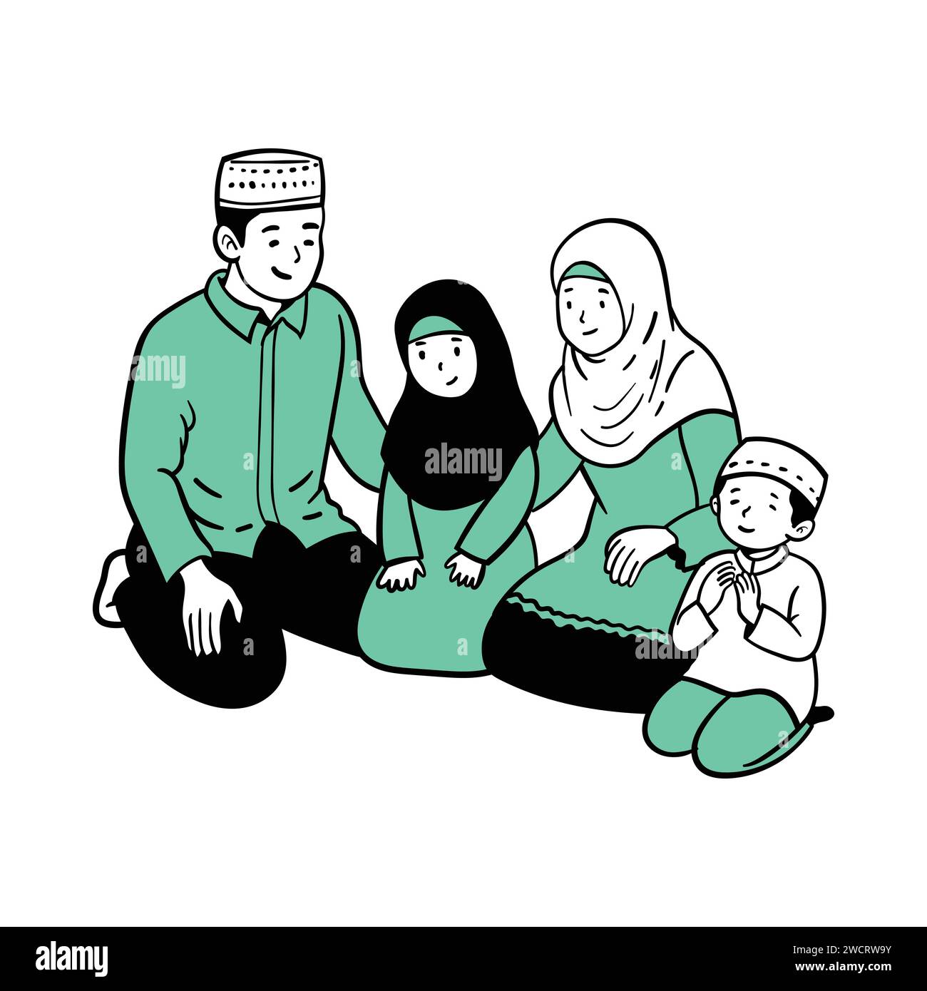 line art vector of praying time in Muslim family during Ramadan. Blessings of fasting and its breaking after evening. Hand drawn vector illustration Stock Vector