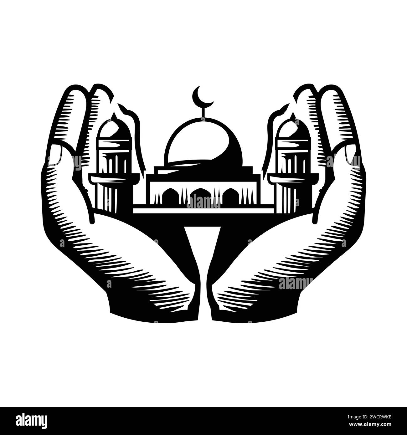 Hand drawn of mosque in prayer hand for ramadan kareem and eid mubarak concept. Praying Hands on isolated background. Vector illustration Stock Vector