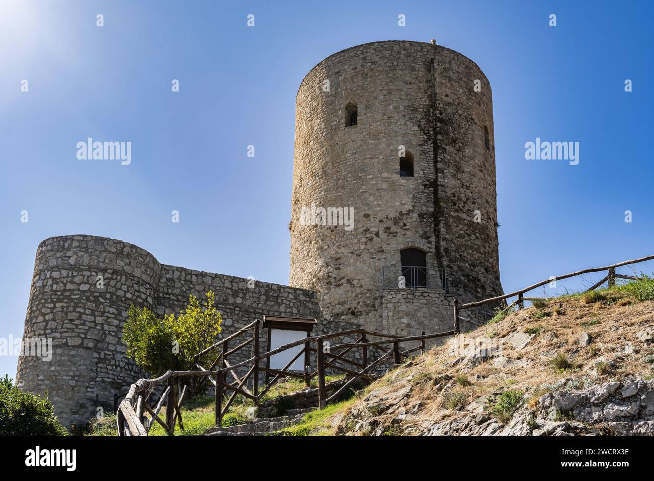 Summonte, province of Avelllino. the view of the medieval tower of the castle of Summonte. Irpinia, Campania, Italy. Stock Photo