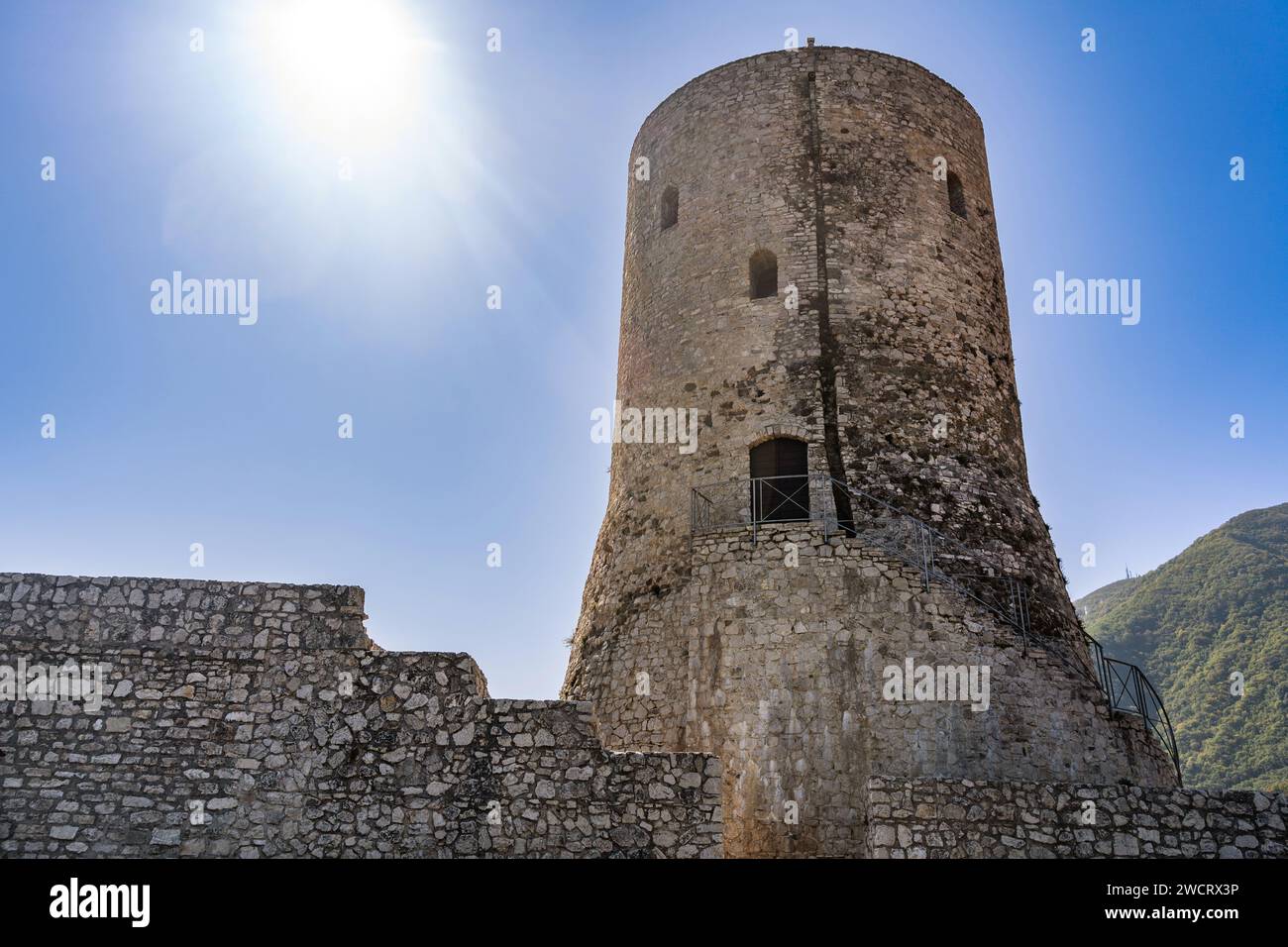 Summonte, province of Avelllino. the view of the medieval tower of the castle of Summonte. Irpinia, Campania, Italy. Stock Photo