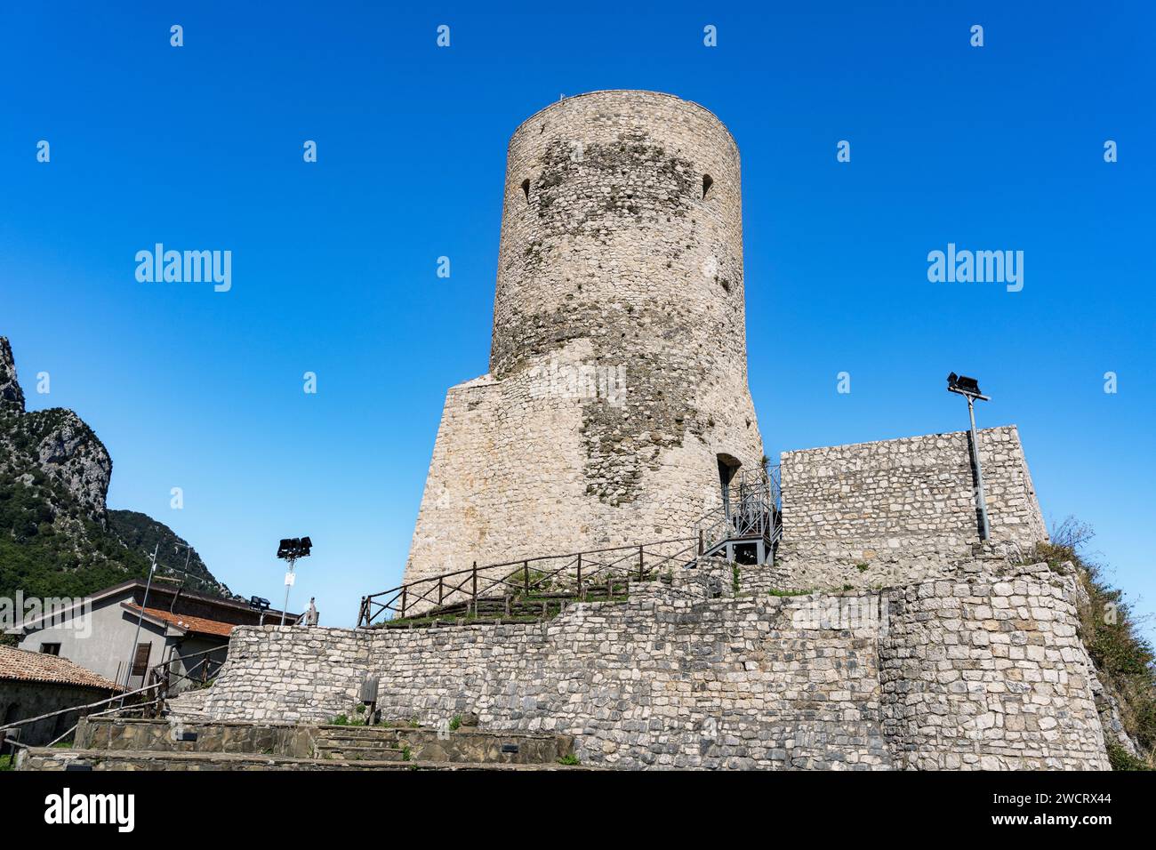 Summonte, province of Avelllino. the view of the medieval tower of the castle of Summonte. Irpinia, Campania, Italy. Stock Photo