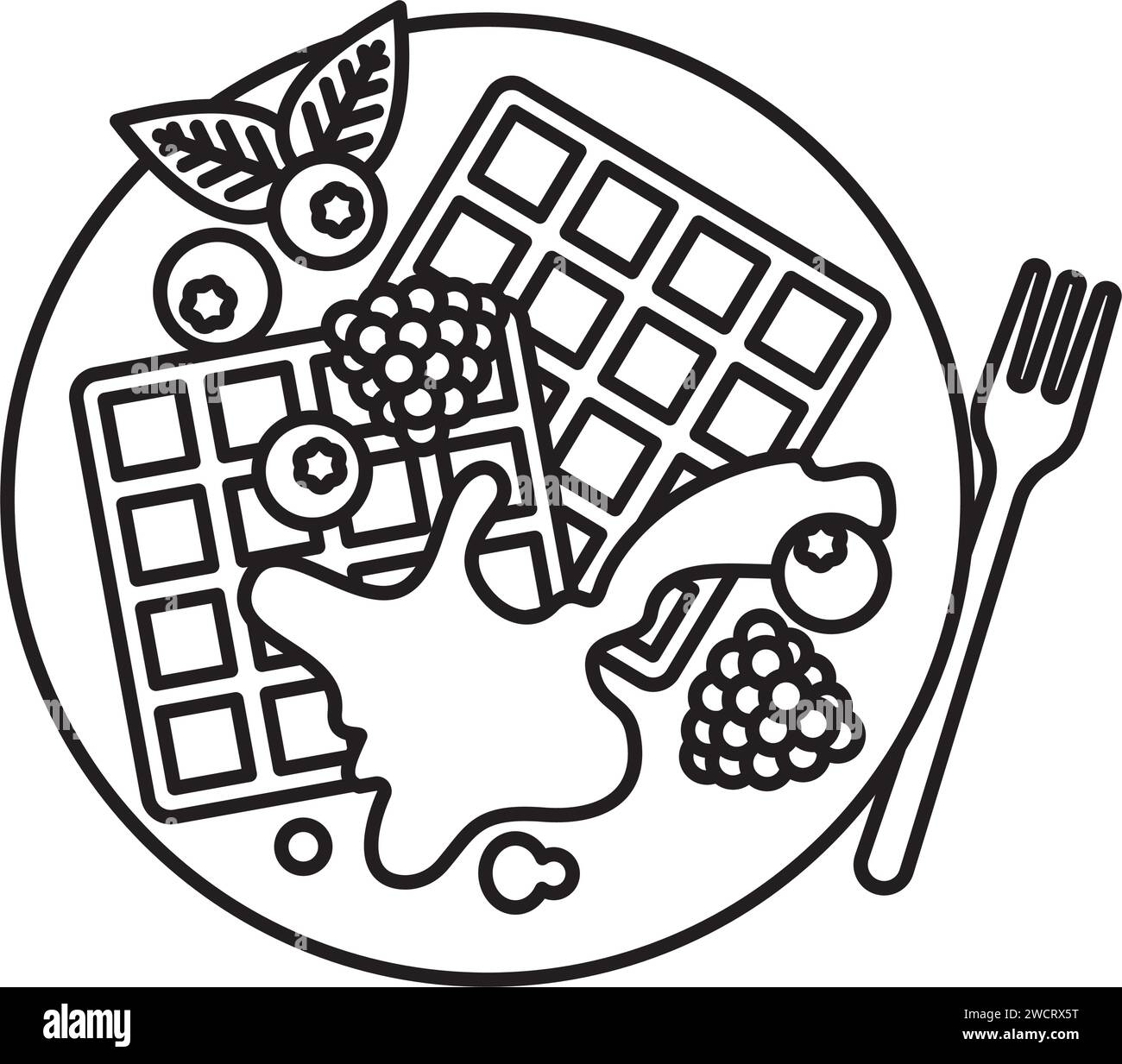 Waffles with berry fruit on plate vector line icon for International Waffle Day on March 25 Stock Vector