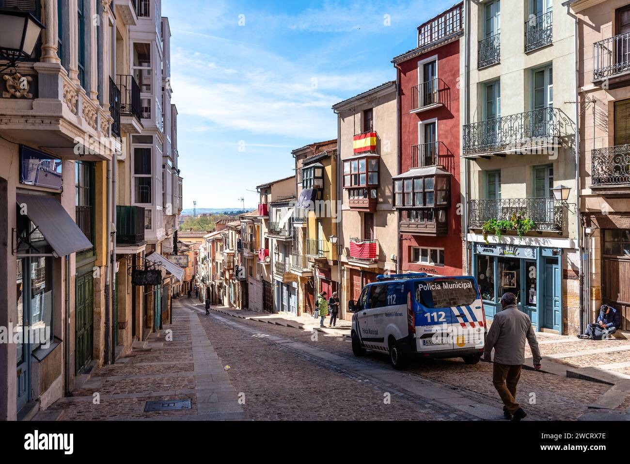 Zamora, Spain - April 7, 2023: Balborraz Street in historical centre of the town. Castile and Leon. Police car parked on the street during Holy Week Stock Photo