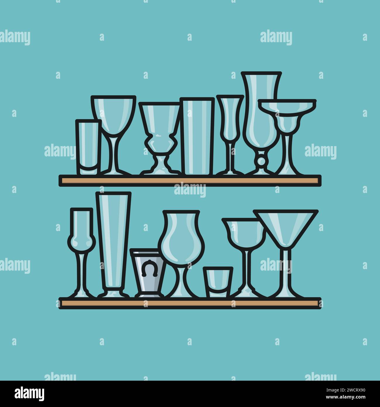 Variety of cocktail glasses on shelves vector illustration for National