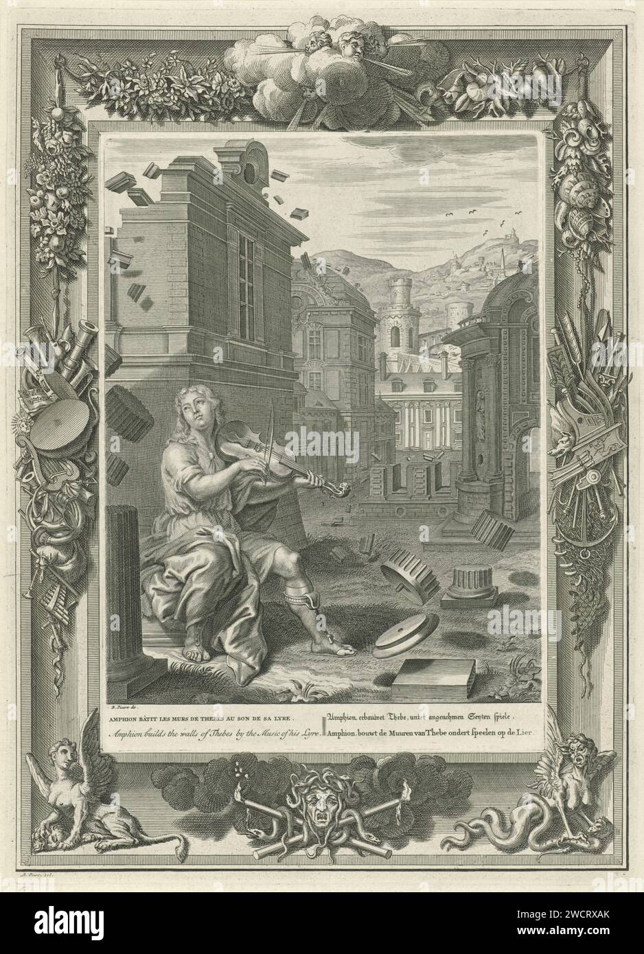 Amphion builds the walls of Thebes, Bernard Picart (workshop of), After Bernard Picart, 1733 print Amphion plays on his winch. The stones move on its own initiative and form the city walls of Thebes. In the margin the title in French, English, German and Dutch. The performance is decorated with an ornamental edge. Amsterdam paper etching / engraving Amphion building the walls of Thebes (without Zethus). scrollwork, strapwork  ornament Stock Photo