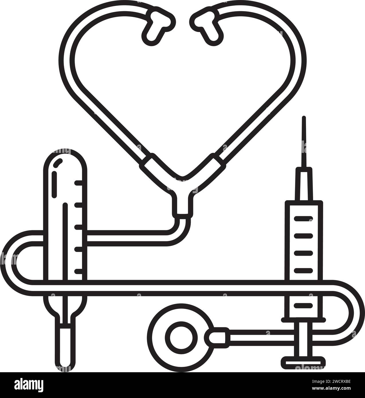 Stethoscope, thermometer and syringe vector line icon for Doctors Day on March 30. Medical tzools symbol. Stock Vector