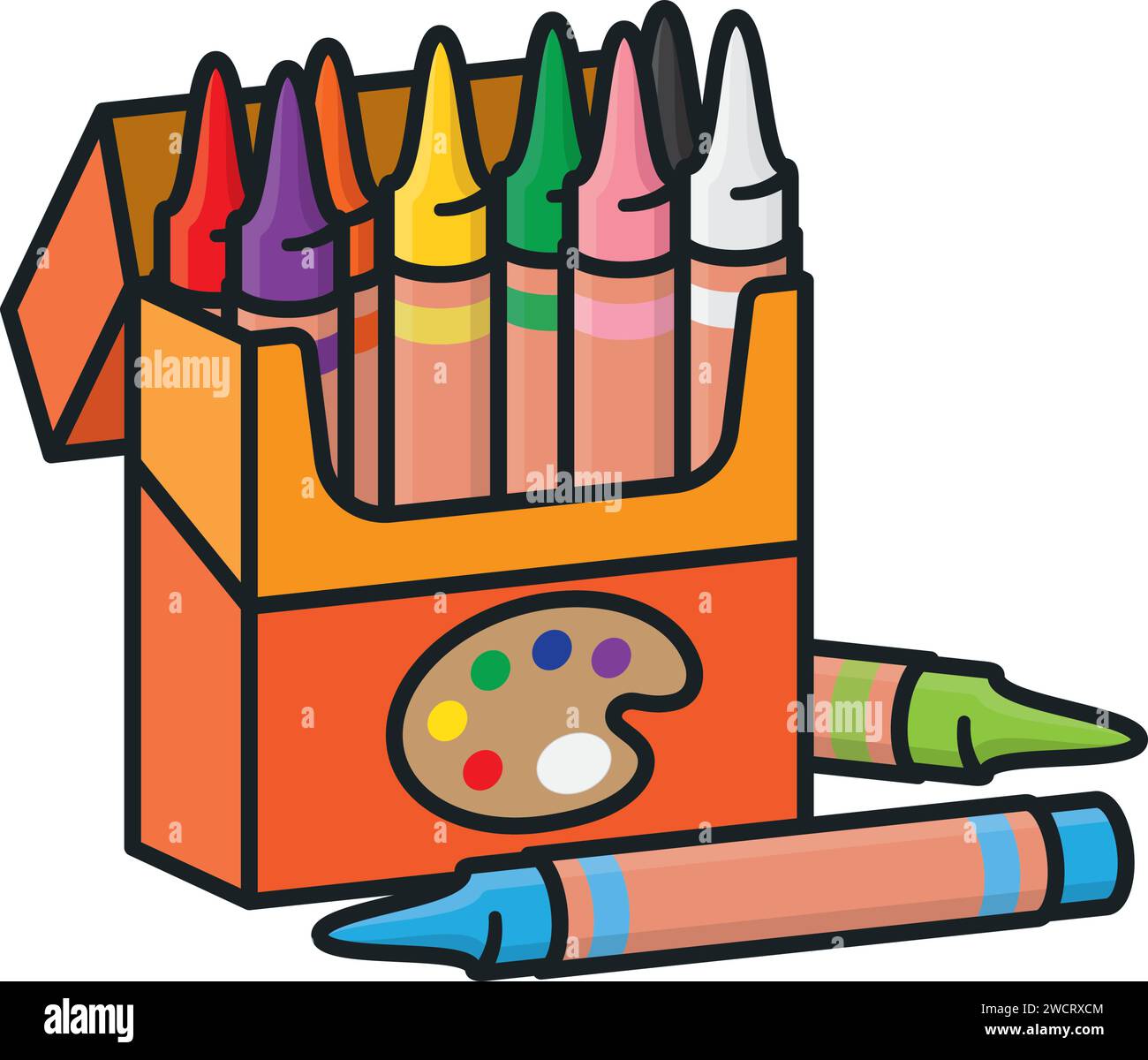 Opened box of color crayons isolated vector illustration for Crayon Day on March 31 Stock Vector