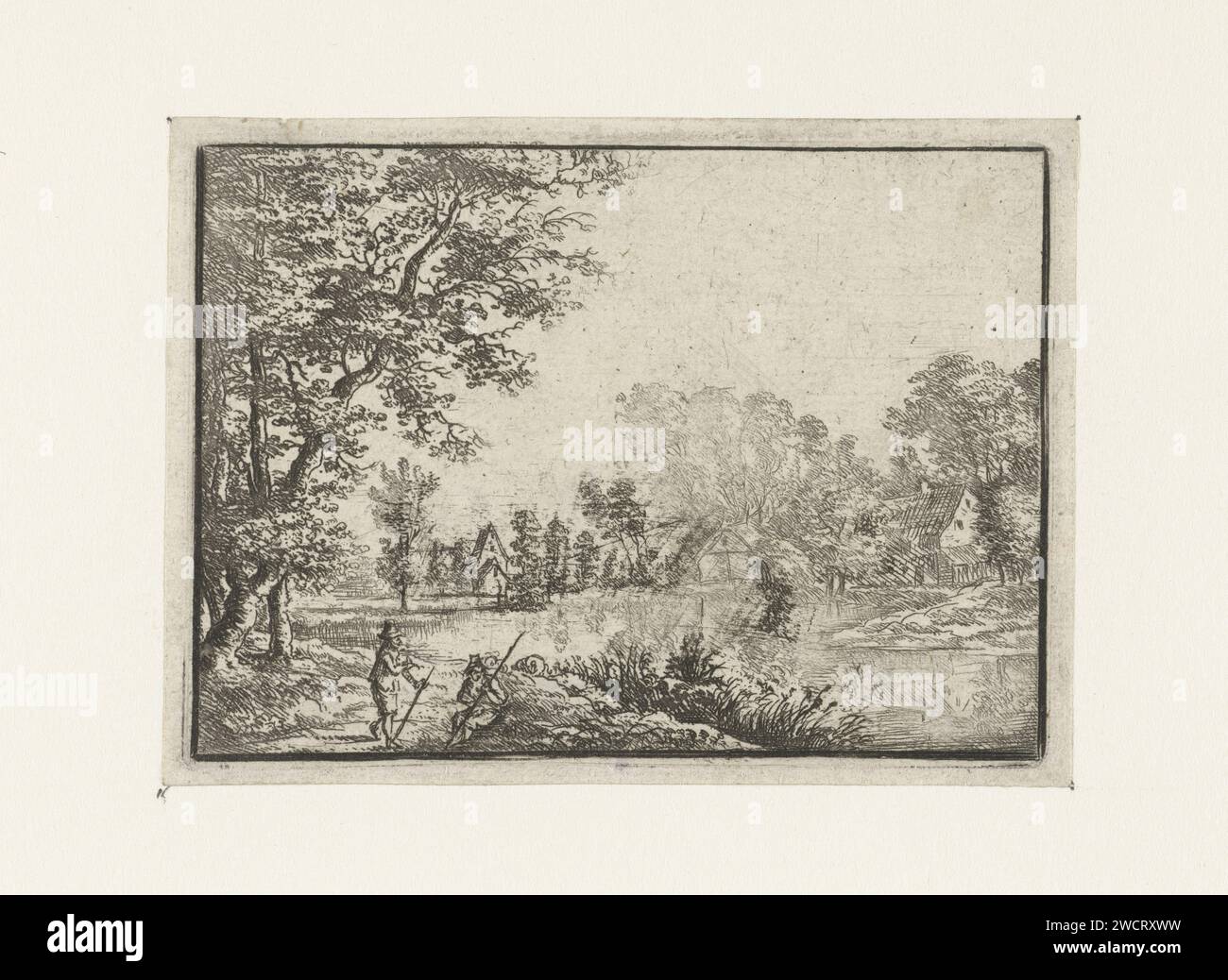 Landscape with a village and two men, Jan Carel Immenraet (attributed to), 1662 - 1663 print A village on a river, two men on the bank.  paper etching / engraving village. river Stock Photo