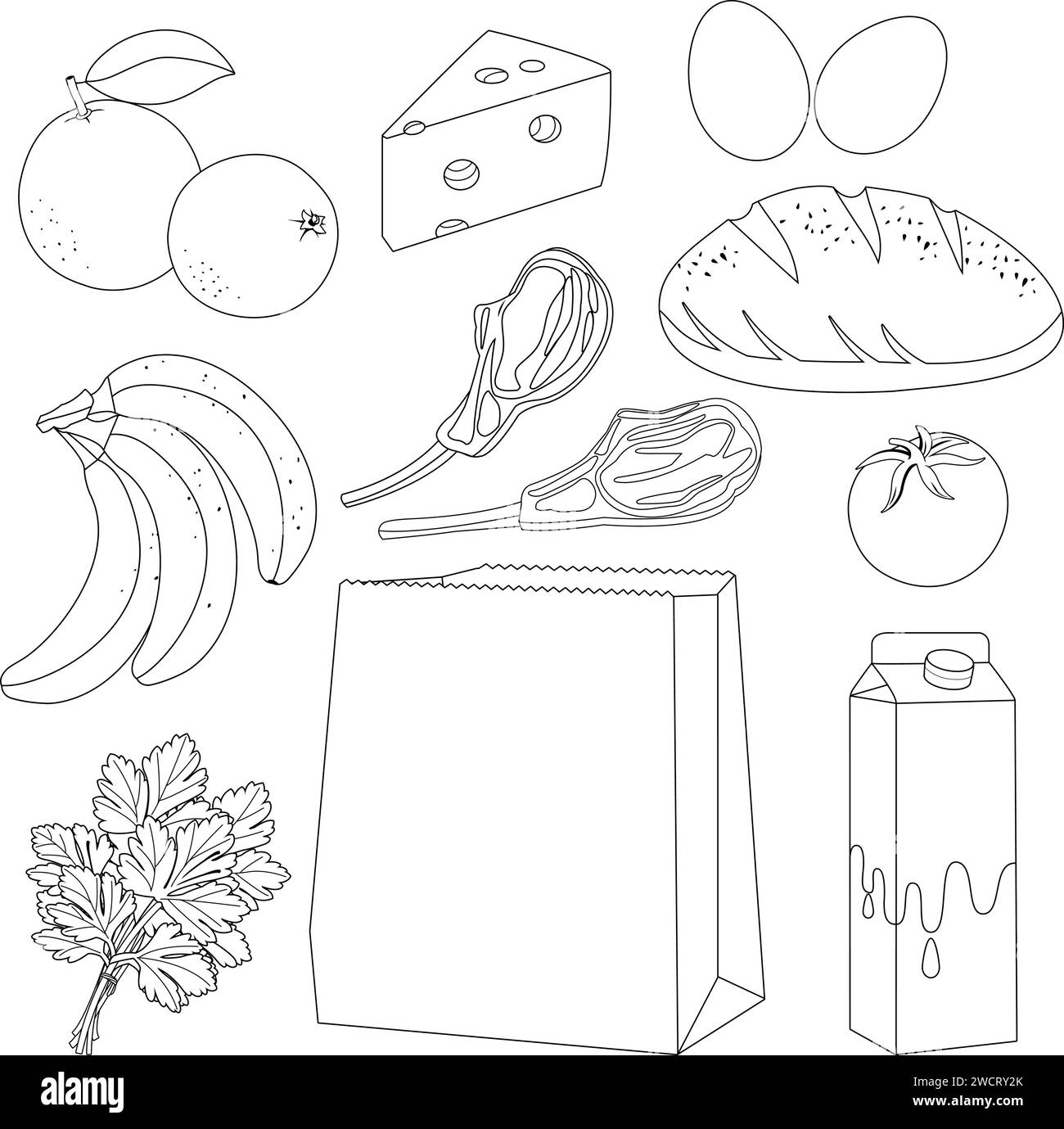 Paper shopping bag and groceries. Supermarket shopping for food products. Vector black and white coloring page. Stock Vector