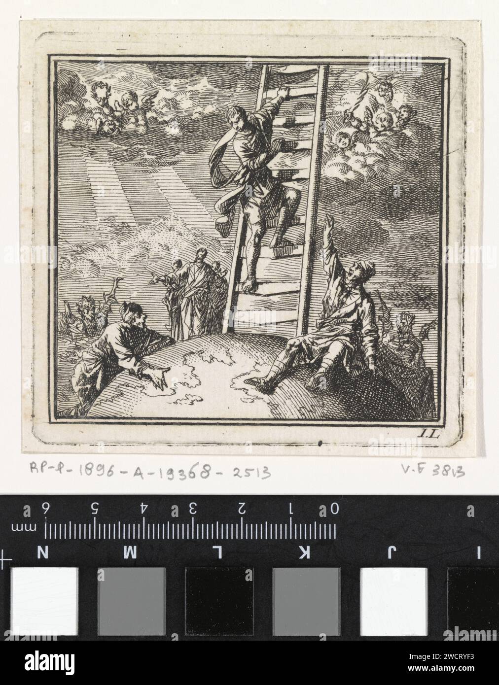 Man climbs through a ladder to heaven, Jan Luyken, 1710 print  Amsterdam paper etching ladder, stairway to heaven. devil(s) and demons: Satan Stock Photo