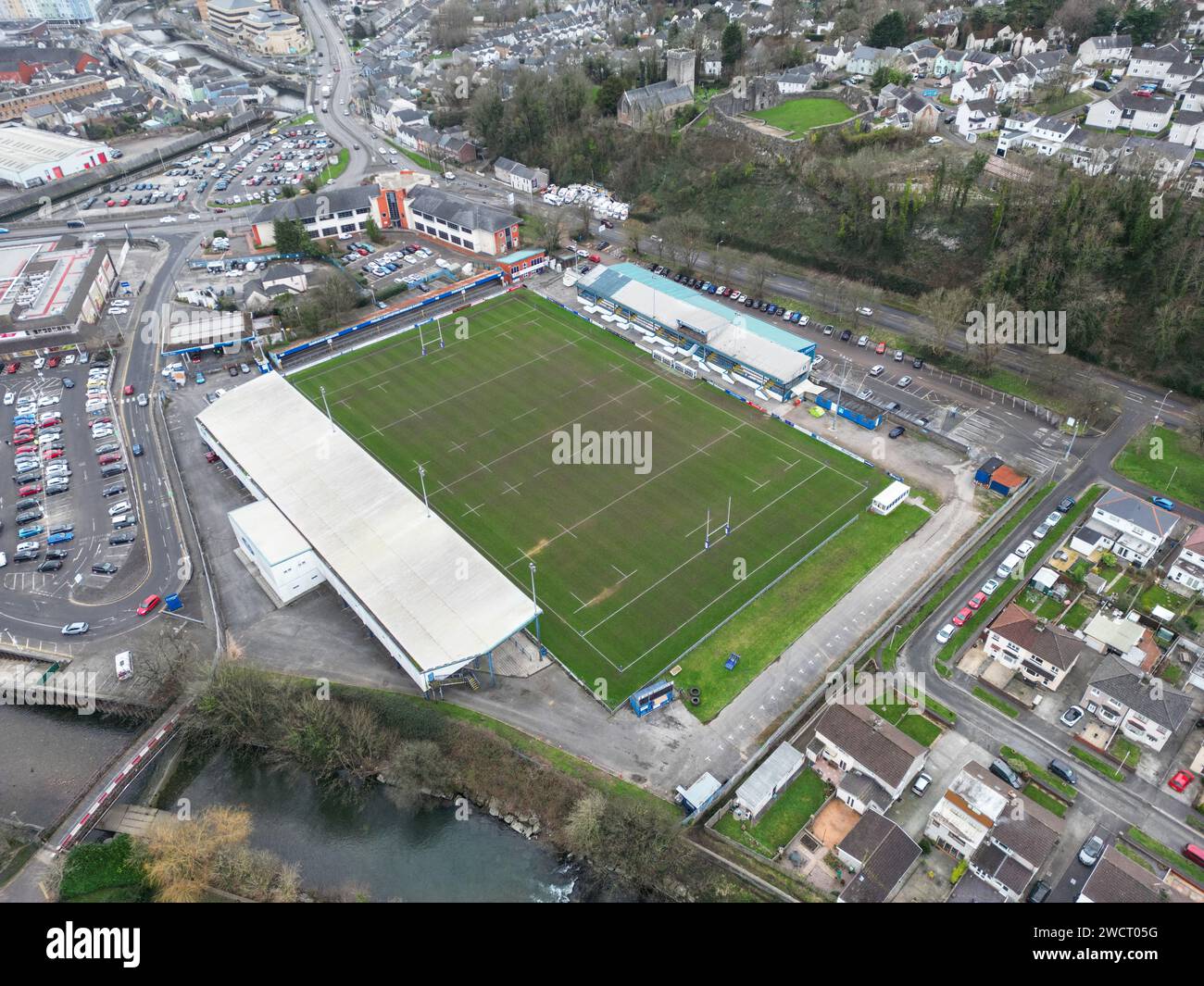 An aerial view of The Brewery Field home of Bridgend Ravens. Bridgend. Picture date Tuesday