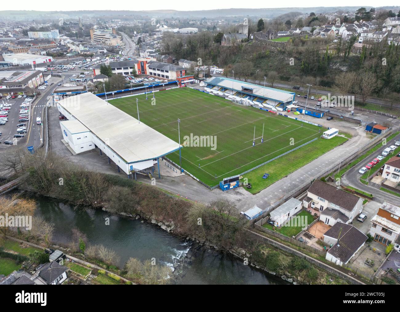 An aerial view of The Brewery Field home of Bridgend Ravens. Bridgend. Picture date Tuesday