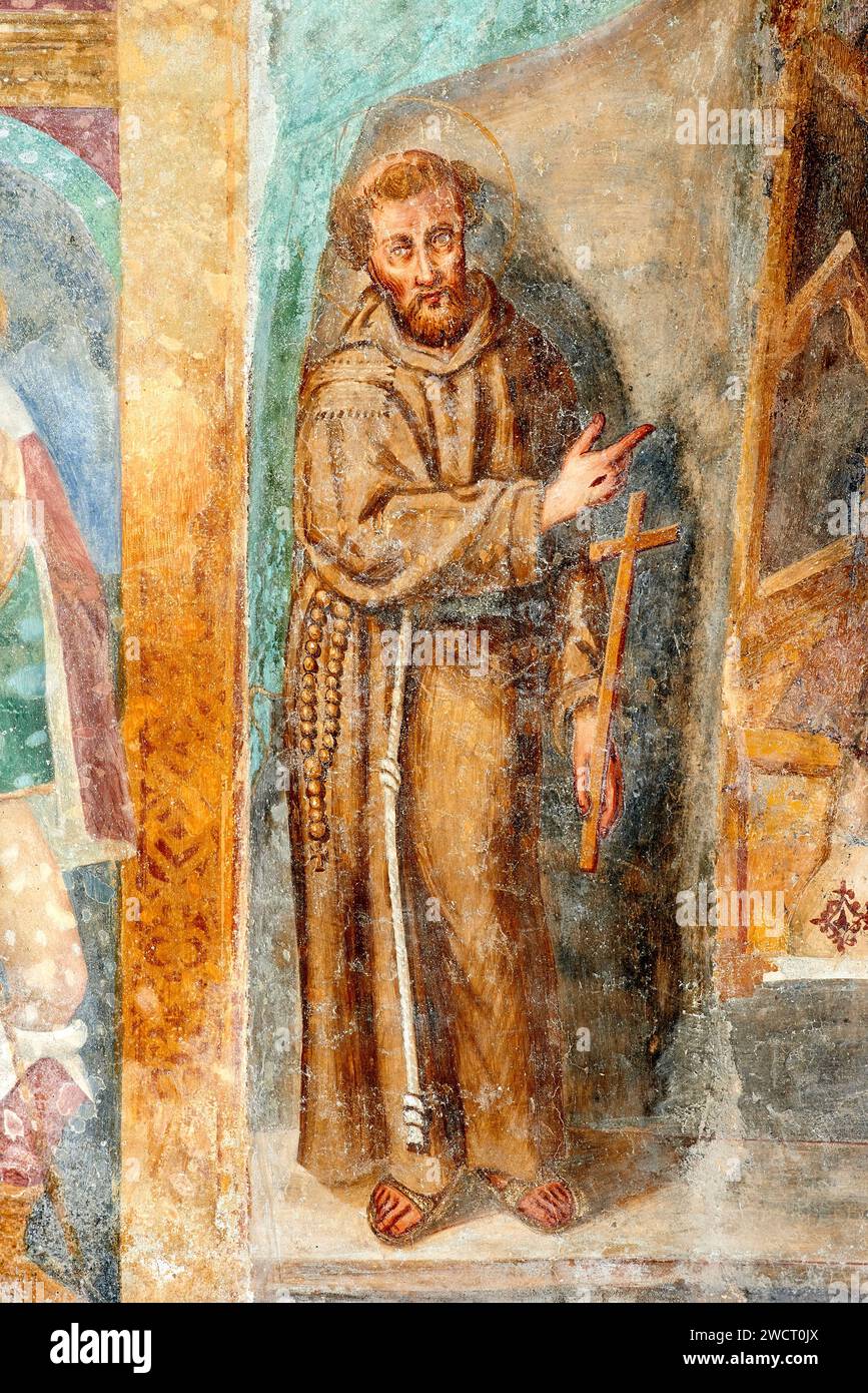 S.Francesco d’Assisi  - affresco - pittore lombardo del prima metà del XV secolo - Barco di Orzinuovi (Bs) chiesa della Madonna della Rosa Stock Photo