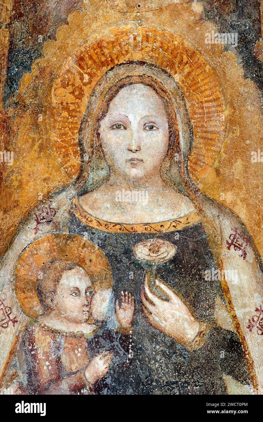 Madonna della Rosa - affresco - pittore lombardo del prima metà del XV secolo - Barco di Orzinuovi (Bs) chiesa della Madonna della Rosa Stock Photo