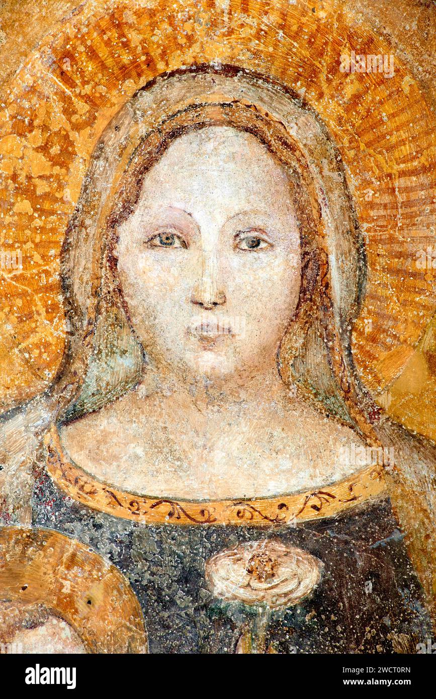 particolare della   Madonna della Rosa  - affresco - pittore lombardo del prima metà del XV secolo - Barco di Orzinuovi (Bs) chiesa della Madonna dell Stock Photo