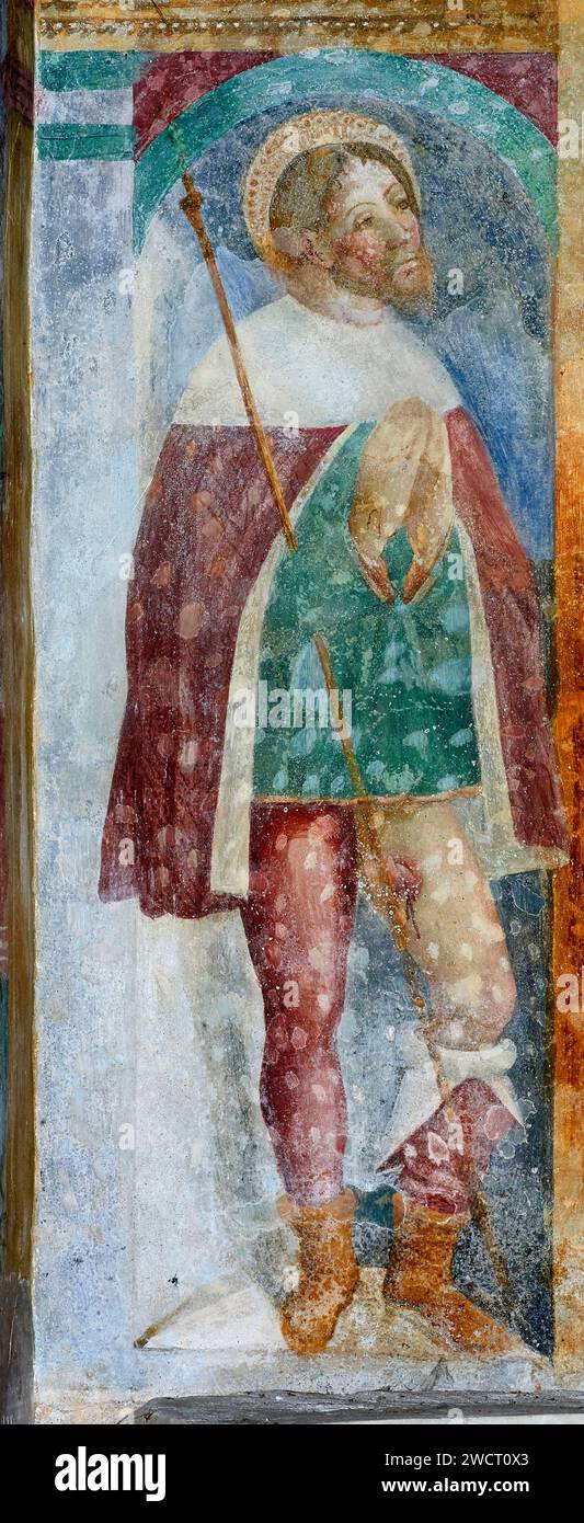 San Rocco - affresco - pittore lombardo del prima metà del XV secolo - Barco di Orzinuovi (Bs) chiesa della Madonna della Rosa Stock Photo