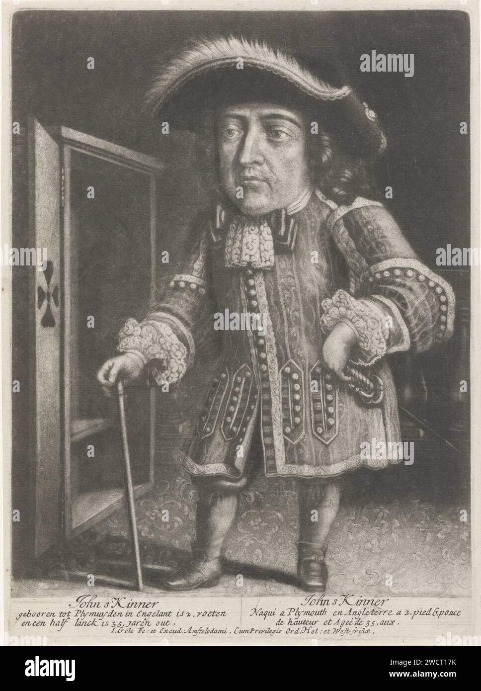 Portrated Van John Skinner, Jacob Gole, 1670 - 1724 print The English dwarf John Skinner at the age of 35. He was born in Plymouth in 1663. In the margin his name, age and height. Amsterdam paper engraving little people Stock Photo