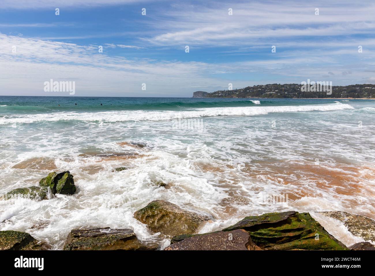 Australian summer, Palm Beach in Sydney with golden sands and warm blue