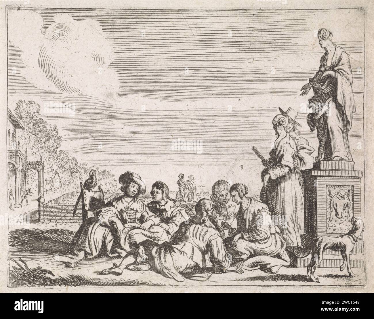 Elegant company in Tuin, Cornelis de Wael, 1630 - 1648 print An elegant company sits together on a path in a garden. On the right a statue of Venus with Amor. A dog looks up at the image. Italy paper etching / engraving garden. private festivities, merry company. (story of) Venus (Aphrodite). dog Stock Photo