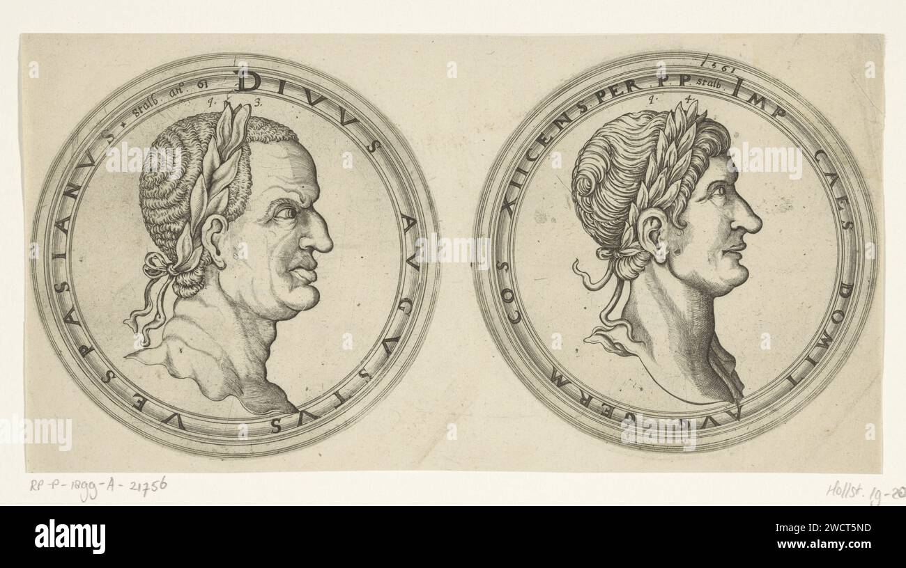 Busts of the Roman emperors Vespasian and Domitianus, Jan van Stalburch, 1561 print On the left the bust of Keizer Vespasian and Profil with edge. On the right the bust of Emperor Domitian and Profil with edge. Louvain paper etching / engraving Stock Photo