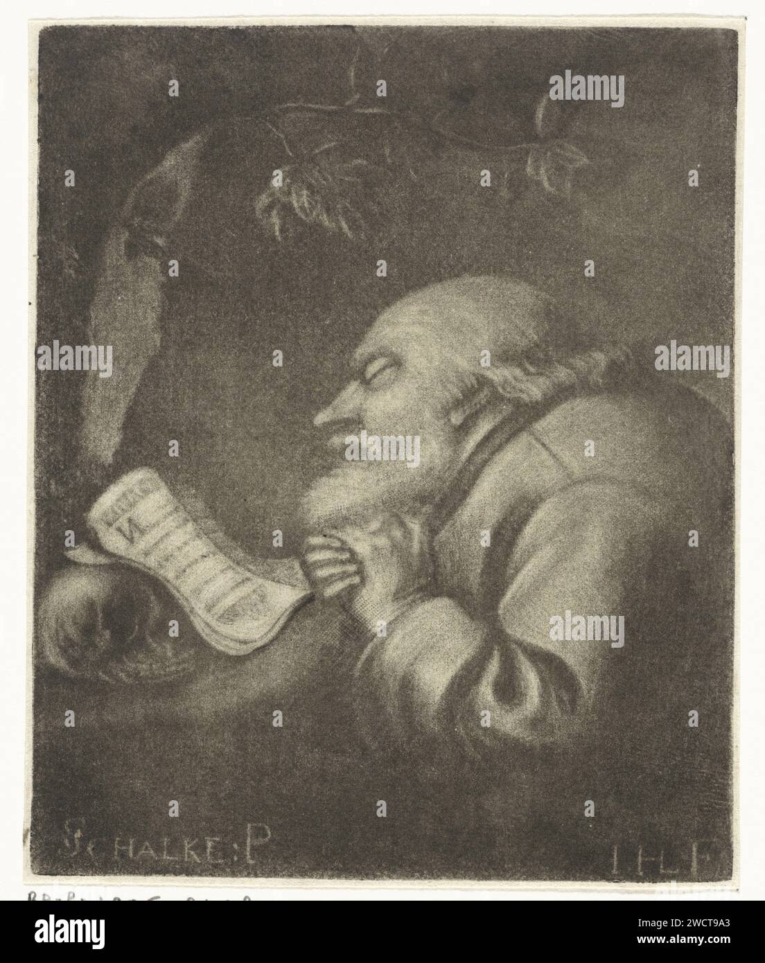 Praying Monnik, possibly St. Hiëronymus, Jacob Hoolaart, After Godfried Schalcken, 1723 - 1789 print A monk prays in the open air. There are a book and a human skull in front of him. Dordrecht paper  monk(s), friar(s). (human) skull Stock Photo