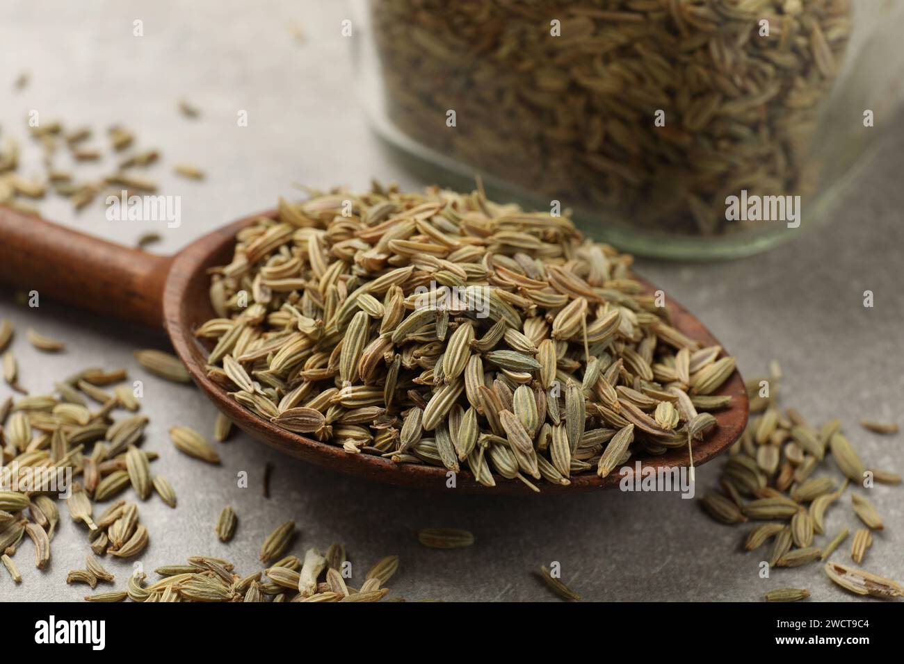 Wooden spoon with fennel seeds on grey table, closeup Stock Photo