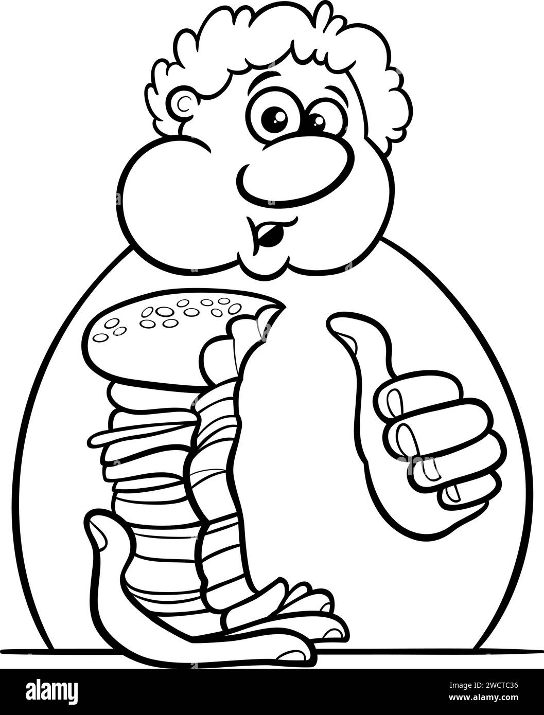 Cartoon illustration of a man eating big cheeseburger or hamburger coloring page Stock Vector