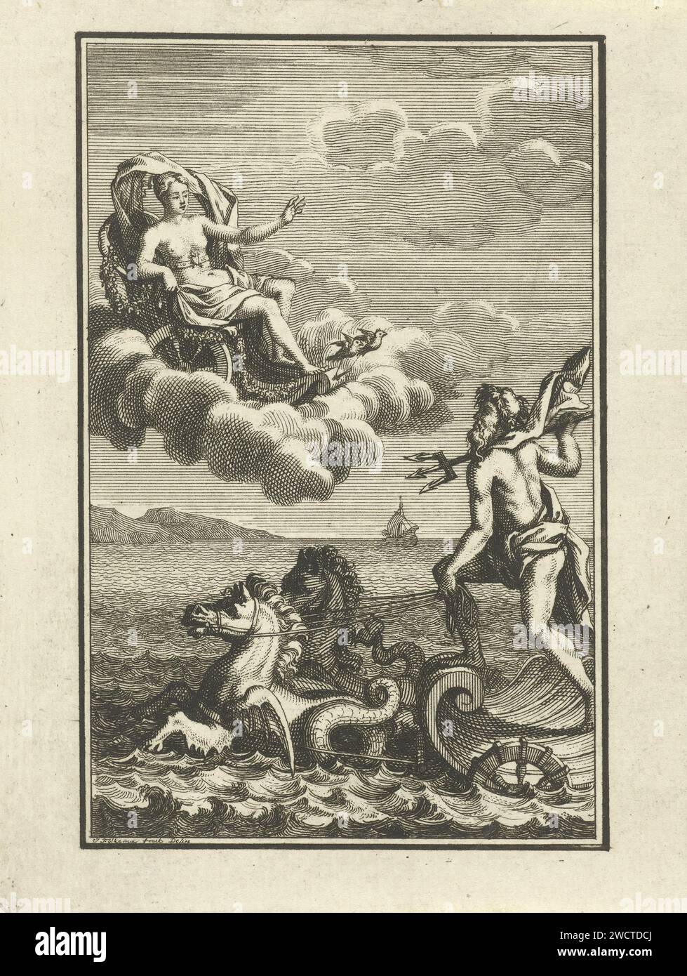 Venus en neptunus, Jacob Folkema, 1715 print Neptunus stands on a shell and is pulled by sea horses. He is in conversation with Venus who has descended from the air on her car, pulled by birds. Illustration made with a story from 'Adventures of Telemachus', written by François de Fénélon.  paper etching (story of) Telemachus. (story of) Venus (Aphrodite). (story of) Neptune (Poseidon) Stock Photo
