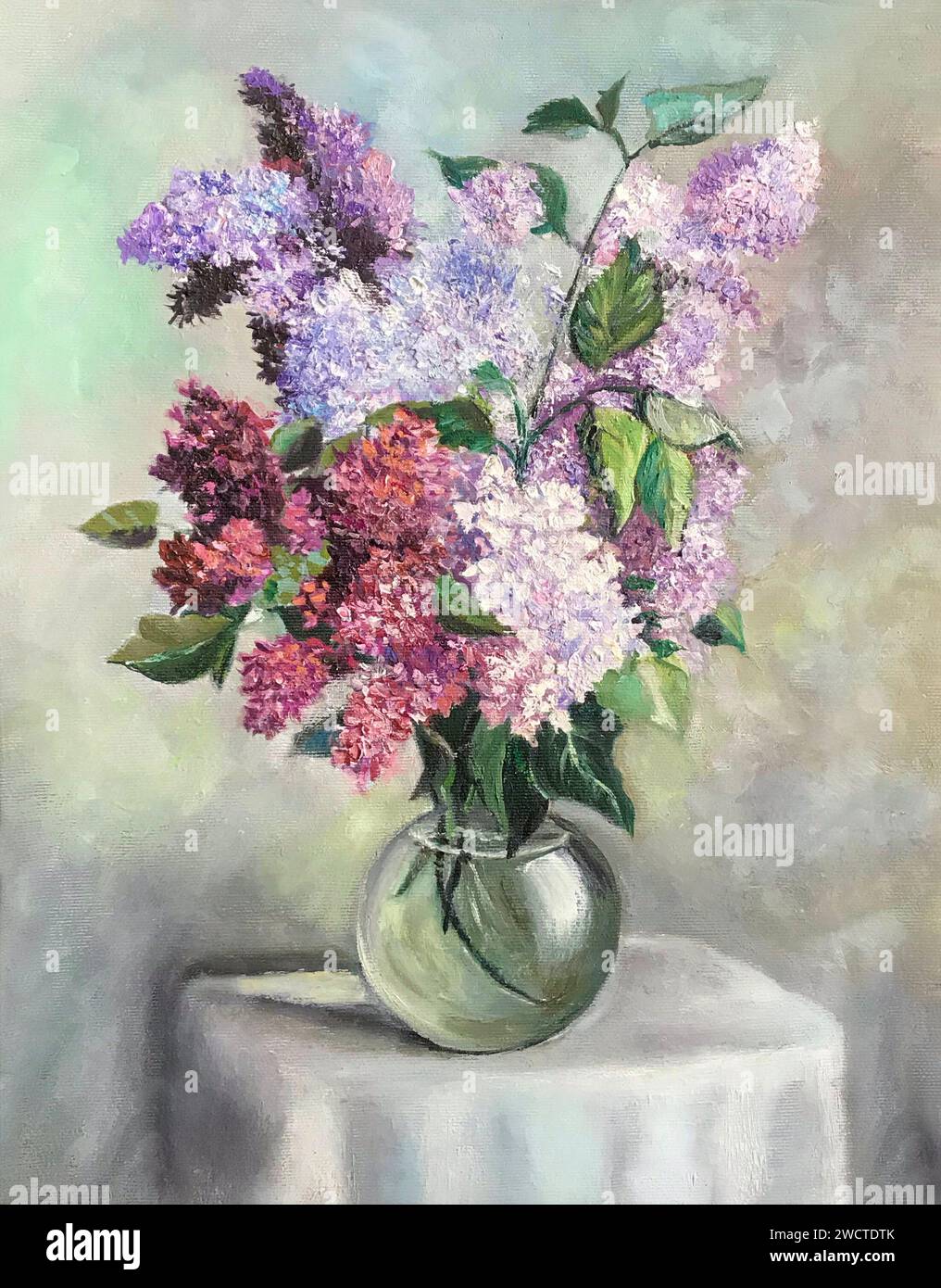 A still life oil painting abstract artwork featuring lilacs, ideal for home decor Stock Photo