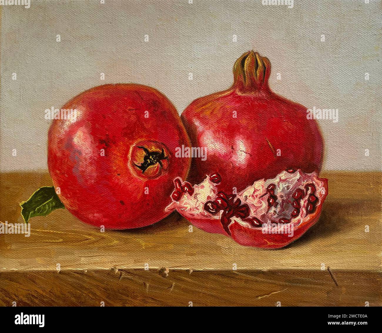 A still life oil painting abstract artwork featuring pomegranate, ideal for home decor Stock Photo