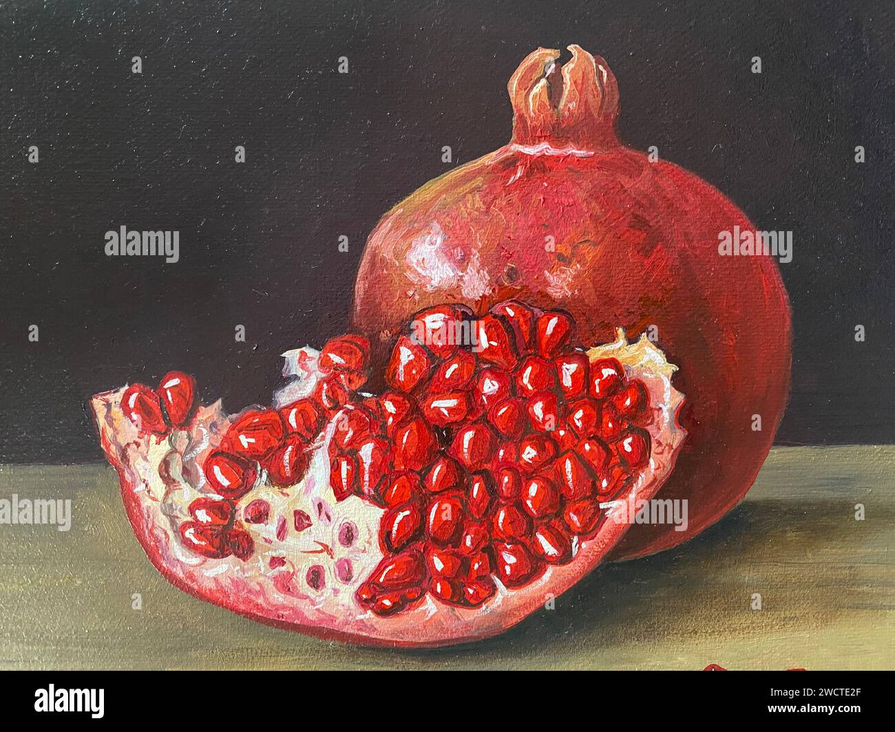 A still life oil painting abstract artwork featuring pomegranate, ideal for home decor Stock Photo