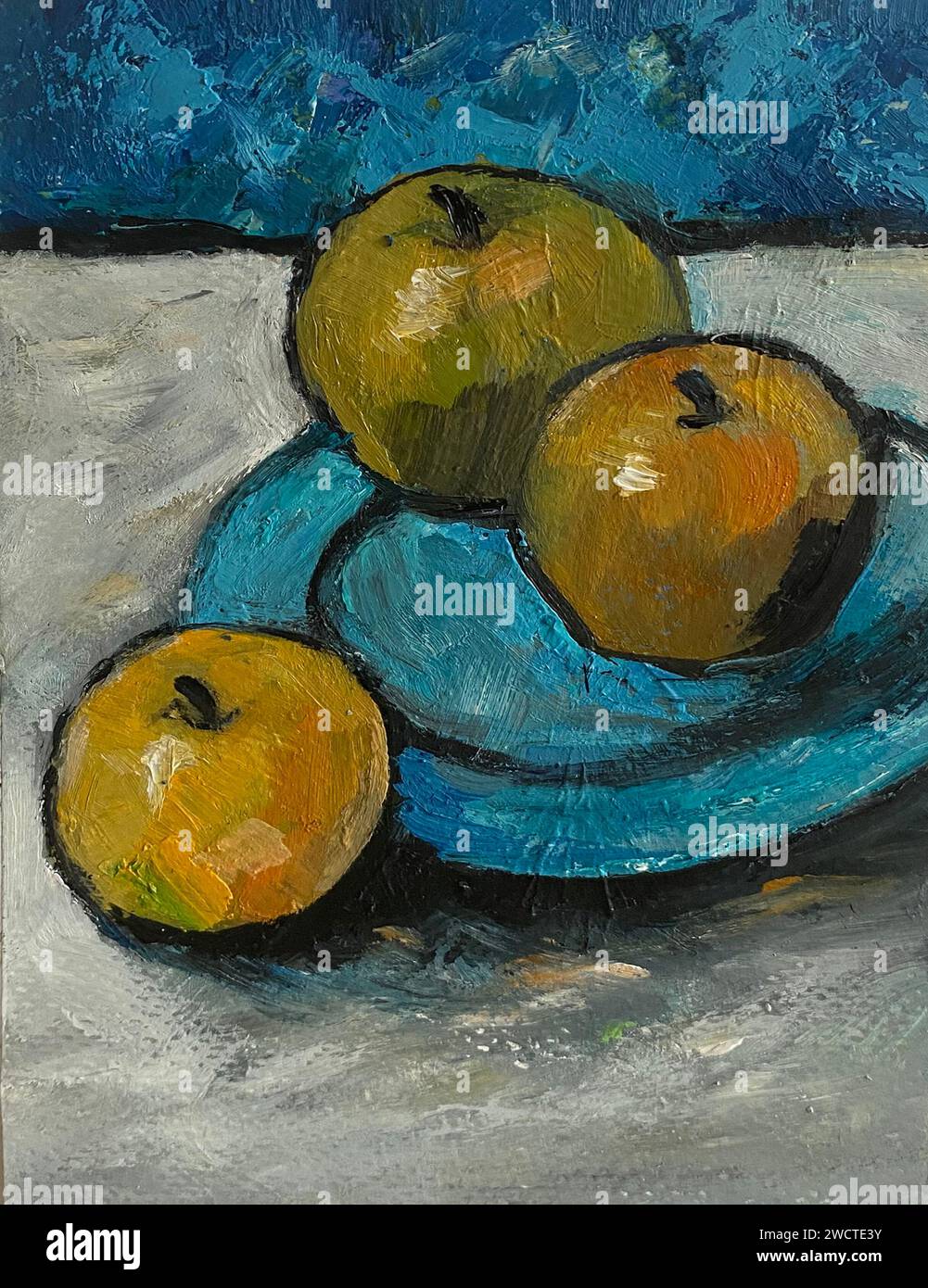 A still life oil painting abstract artwork featuring green apples, ideal for home decor Stock Photo