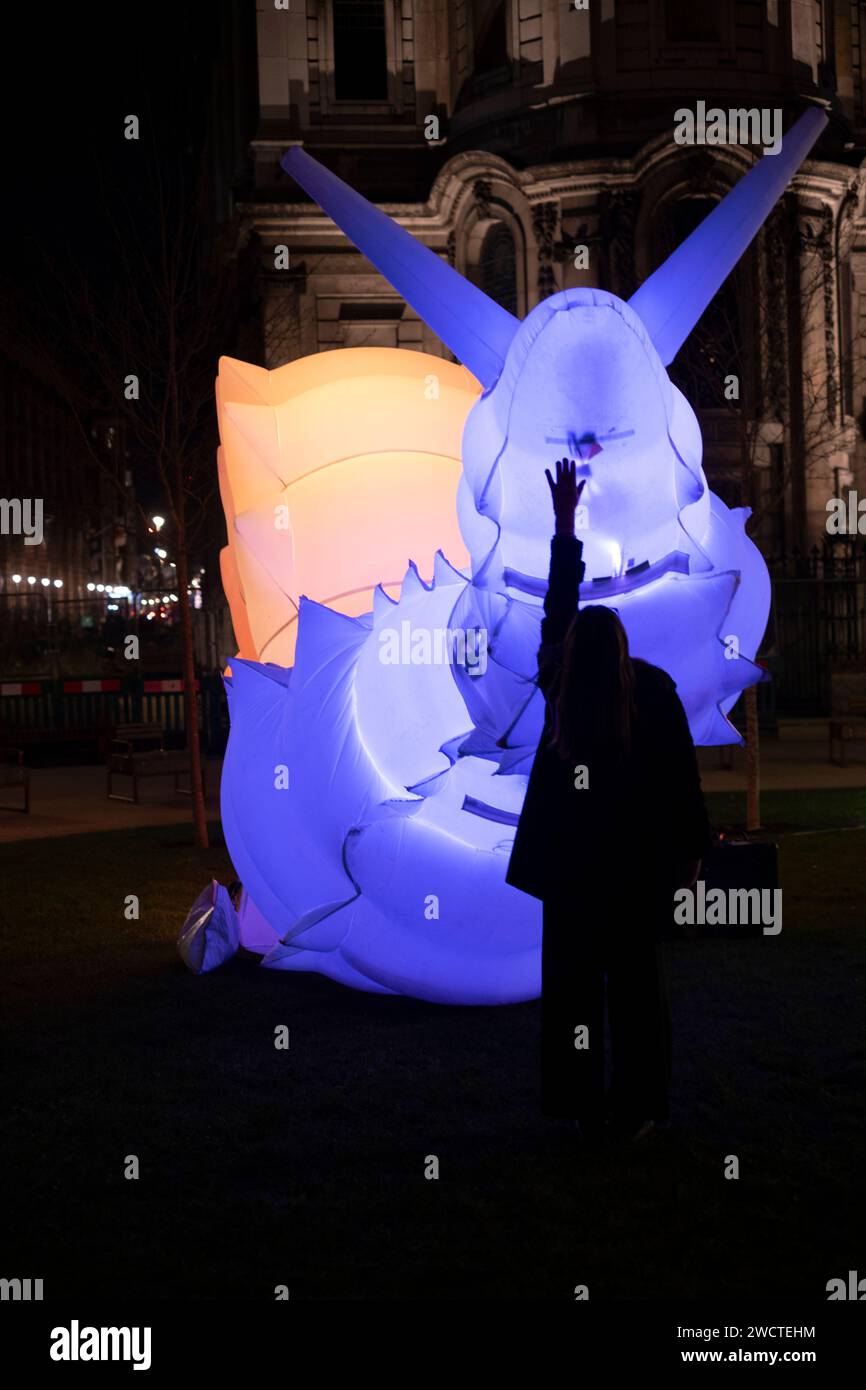 Giant inflatable robots have been unveiled along The Strand in London by Air Giants with King’s College London - The Glowbot Garden is an installation Stock Photo