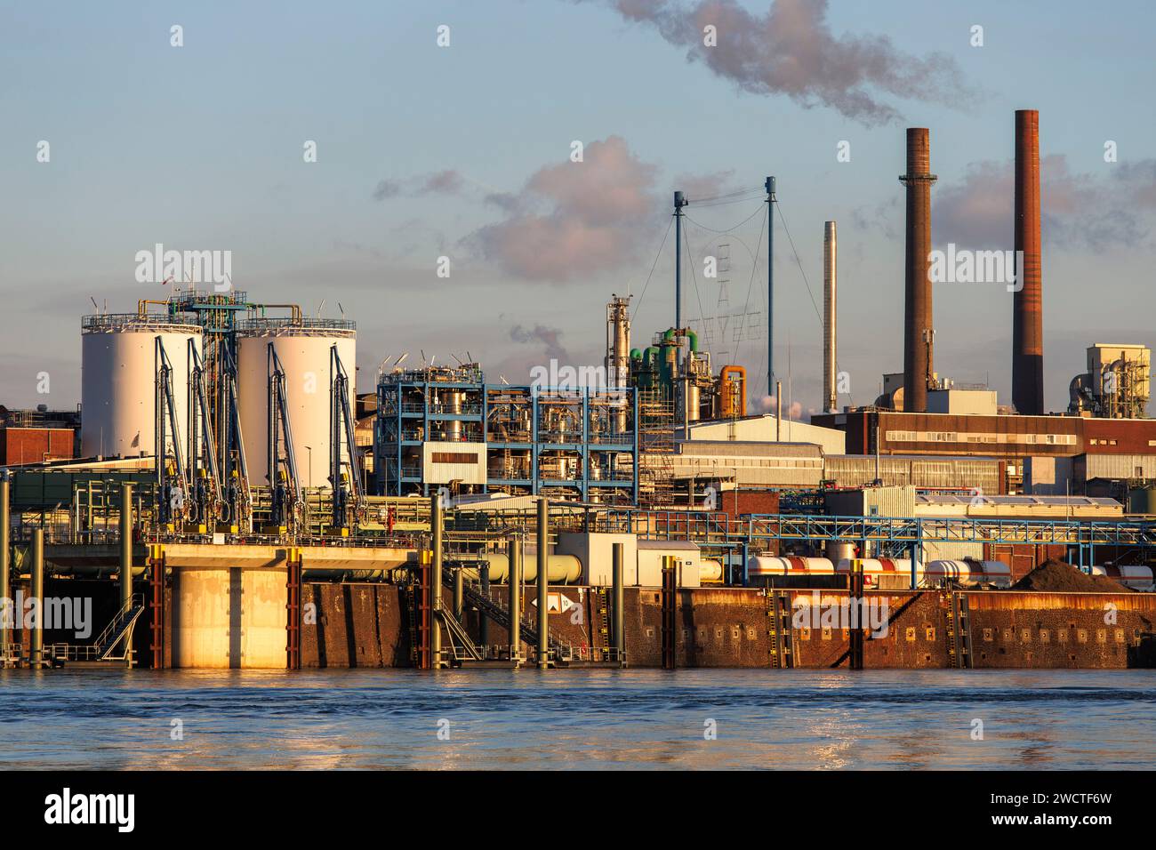 view over the Rhine to the Chempark, former known as the Bayerwerk, Leverkusen, North Rhine-Westphalia, Germany.  Blick ueber den Rhein zum Chempark, Stock Photo