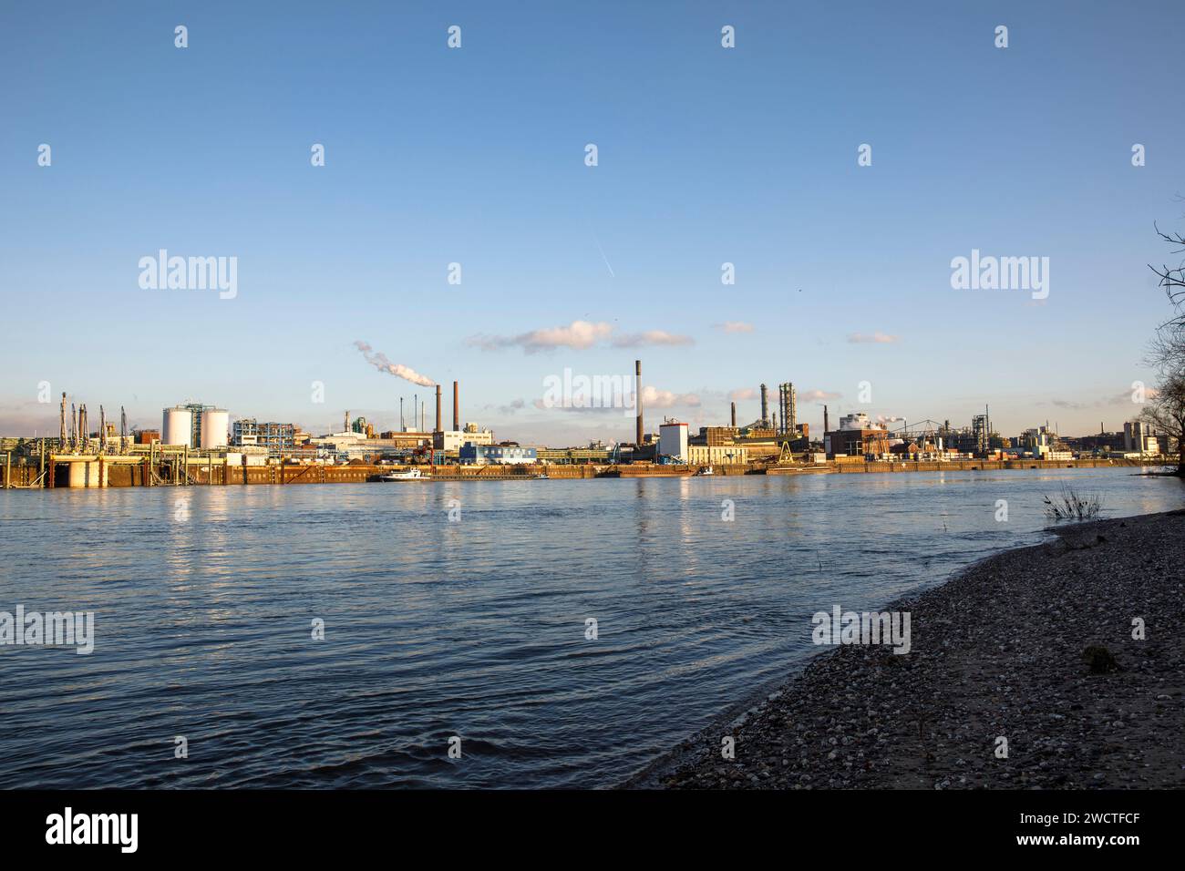 view over the Rhine to the Chempark, former known as the Bayerwerk, Leverkusen, North Rhine-Westphalia, Germany.  Blick ueber den Rhein zum Chempark, Stock Photo