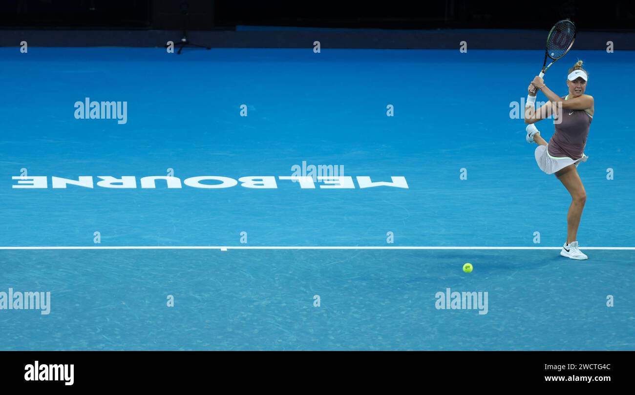 Melbourne, Australia. 17th Jan, 2024. Brenda Fruhvirtova of the Czech Republic hits a return during the women's singles second round match between Aryna Sabalenka of Belarus and Brenda Fruhvirtova of the Czech Republic at the Australian Open tennis tournament in Melbourne, Australia, Jan. 17, 2024. Credit: Ma Ping/Xinhua/Alamy Live News Stock Photo