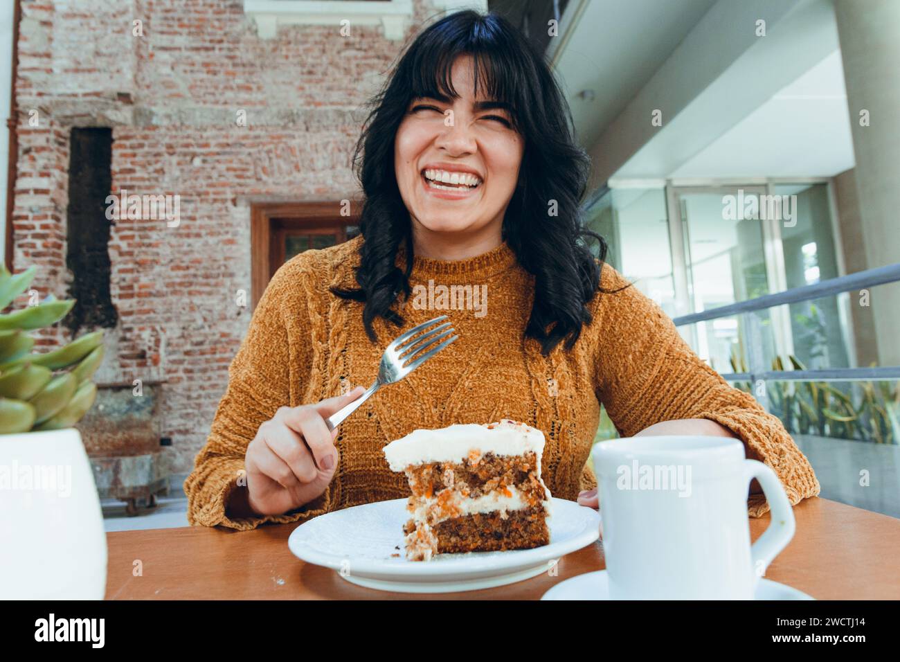 Portrait Of Young Latin Woman With Black Hair And Brown Sweater portrait-of-young-latin-woman-with-black-hair-and-brown-sweater