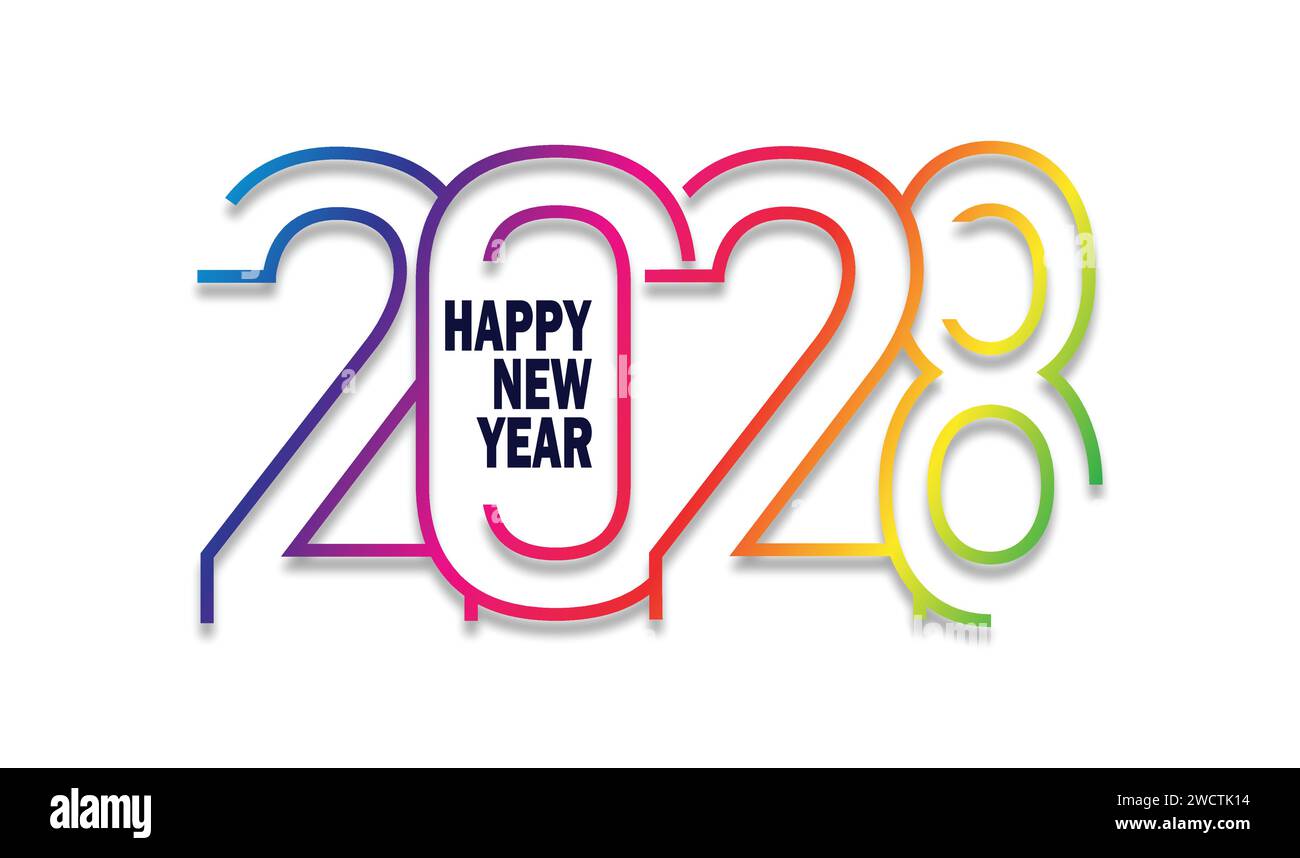 Happy new year 2028 Text Design Greeting card. colorful numbers on white background. Vector illustration. Stock Vector