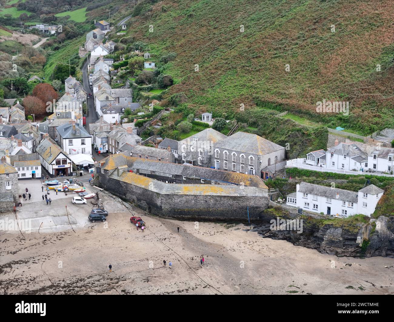 Doctor Martins house Port Isaac Cornwall UK drone , aerial , view from air Stock Photo