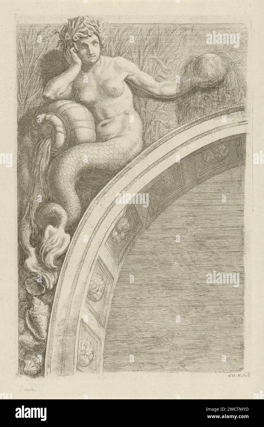 Relief with personification of the element of water above arch on the west side of the Burgerzaal in the town hall on Dam Square, Hubert Quellinus, after Artus Quellinus (I), 1719 - 1783 print Relief with personification of the element of water above the judge (northern) arch on the west side of the Burgerzaal in the town hall on Dam Square in Amsterdam. Instead of legs she has two fish tails. On her, a jug from which water flows, in her left hand a sphere from which water sprays. On her head a crown of aquatic plants. Shells under her fish tails. Numbered in the bottom right: CII. N. 1. Amste Stock Photo