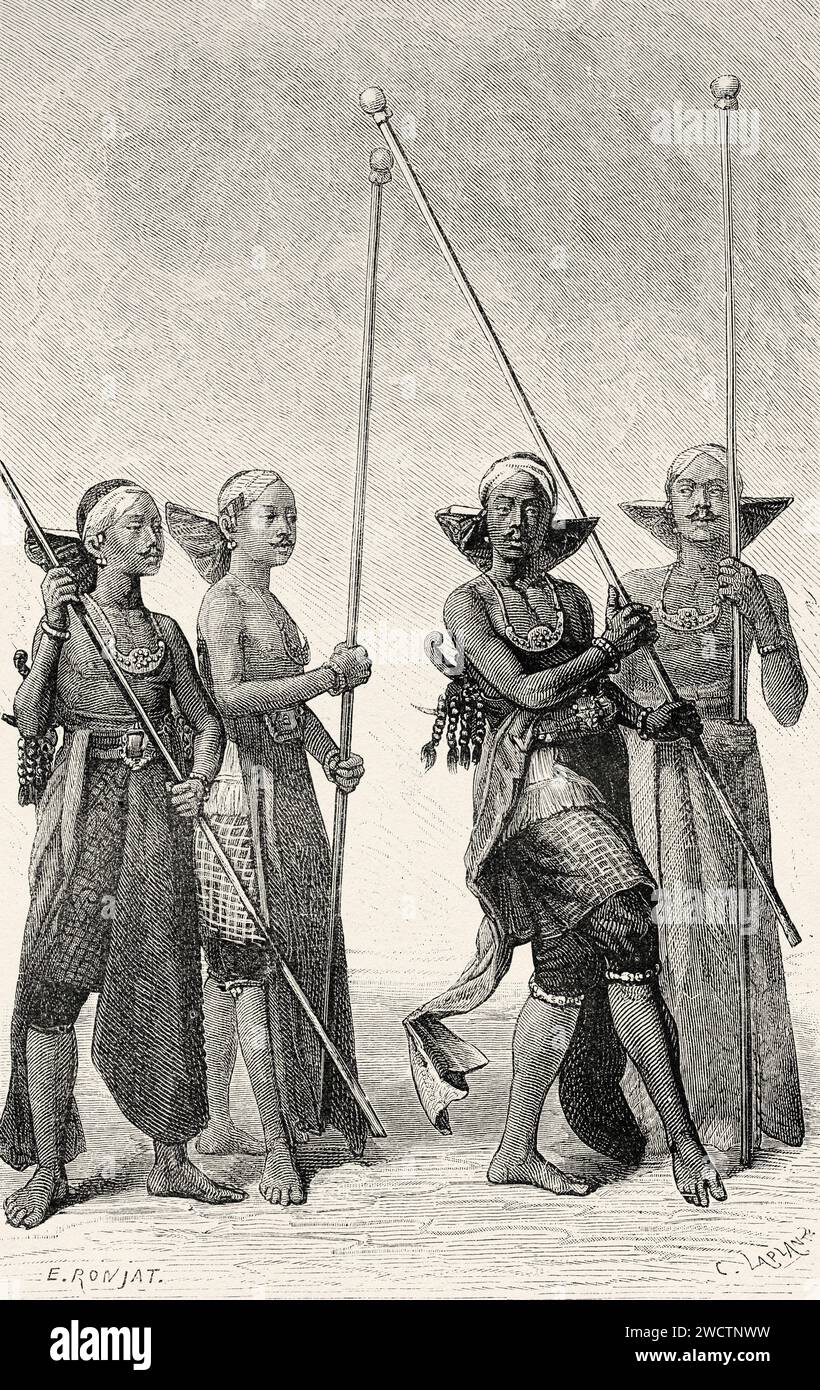 Traditional dance of the spears, Java island. Indonesia, Southeast. Six weeks in Java  1879 by Desire Charnay (1828 - 1915) Old 19th century engraving from Le Tour du Monde 1880 Stock Photo