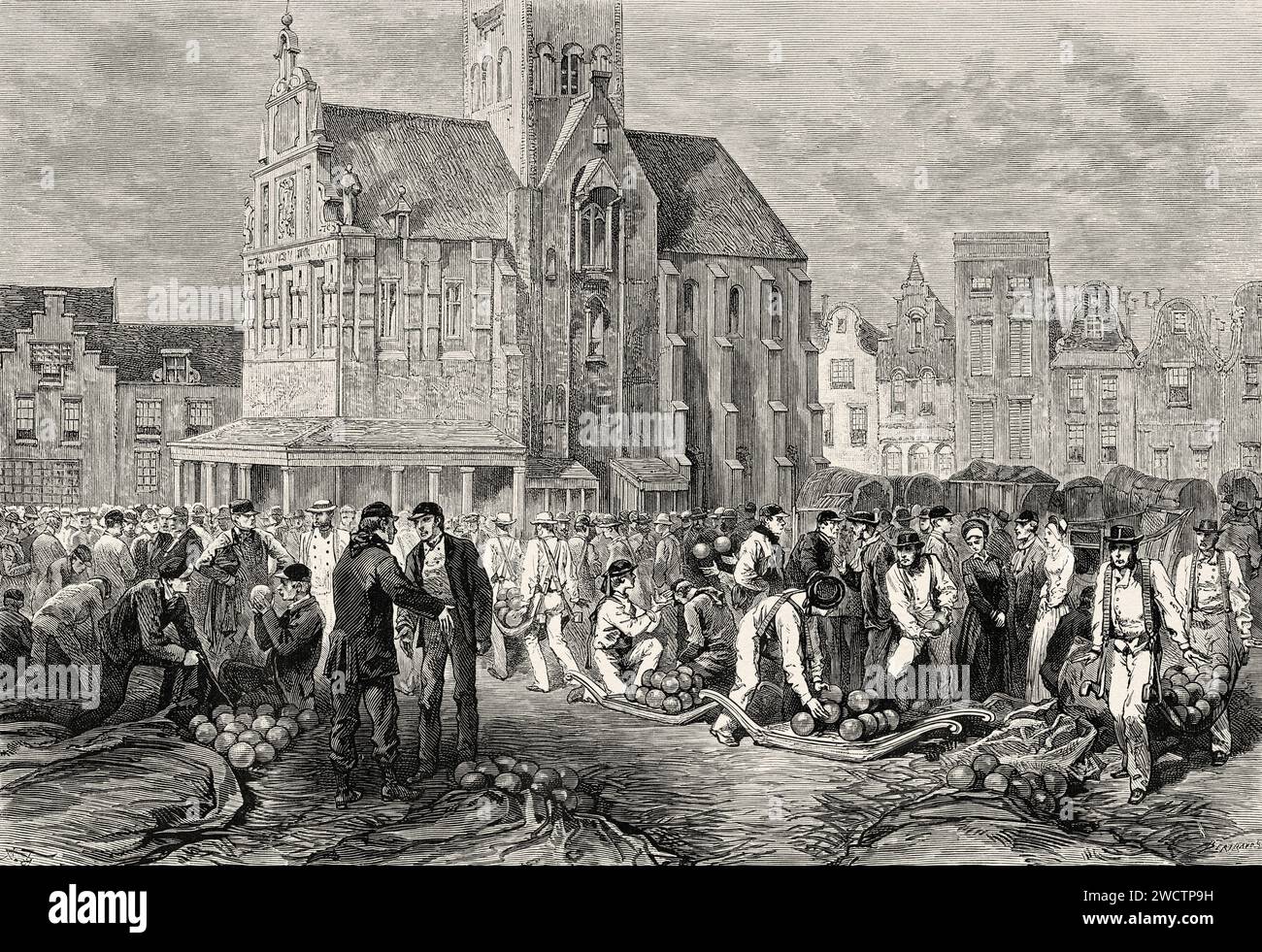 The cheese market in Hoorn, Holland. Europe. Netherlands 1878 by Charles de Coster (1827 - 1879) Old 19th century engraving from Le Tour du Monde 1880 Stock Photo